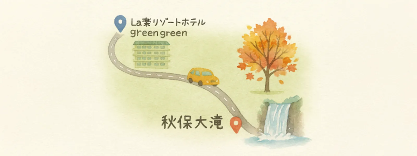 紅葉ドライブルートのイラストマップ（ホテルグリーングリーン → 秋保大滝）
